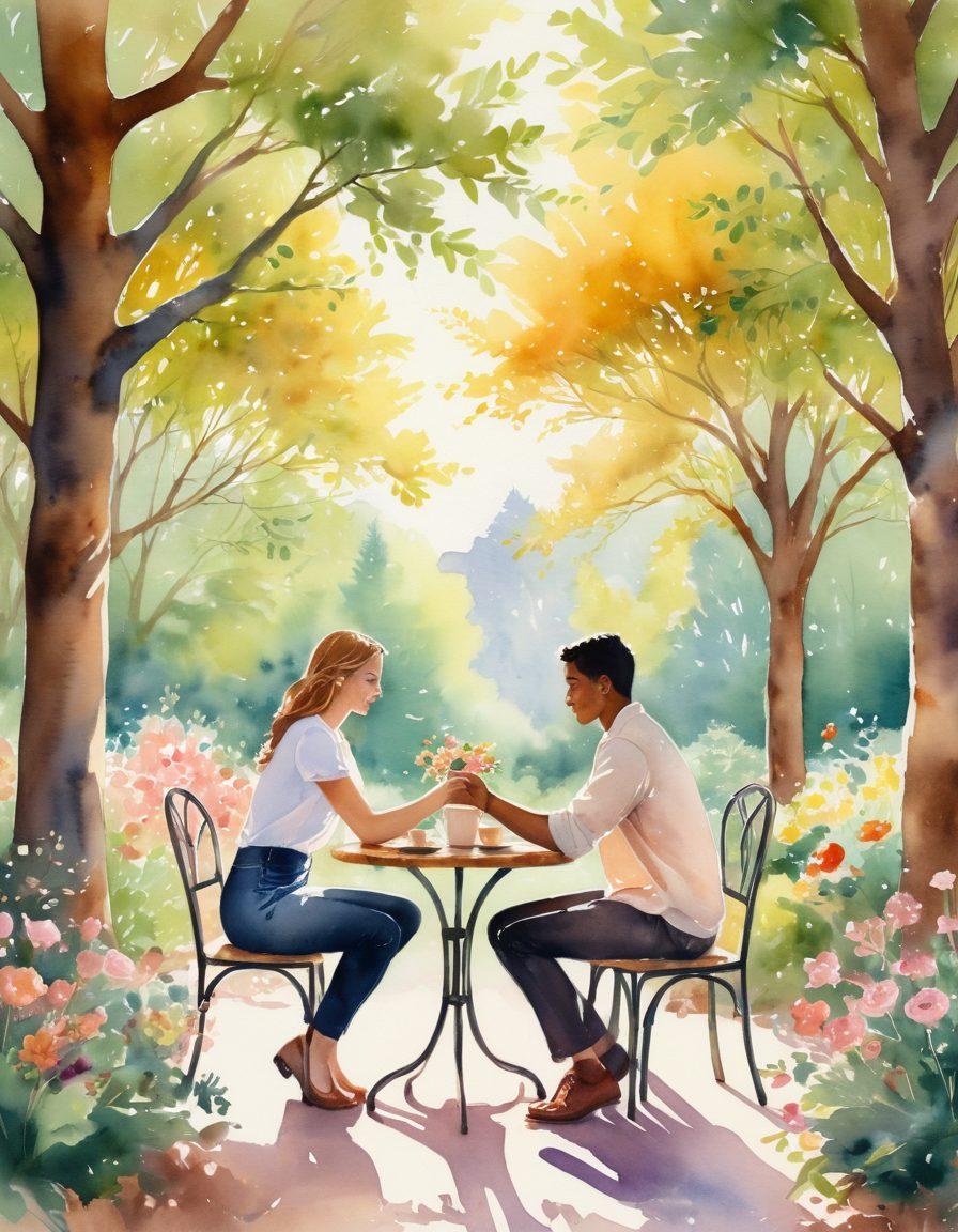 An intimate scene of two diverse people sharing a heartfelt moment, surrounded by nature, with soft sunlight filtering through trees, emphasizing warmth and connection. Elements symbolizing romance like flowers and friendship like intertwined hands. Background hints of a cozy café setting to signify bonding over conversation. watercolor style. pastel colors. warm ambiance.
