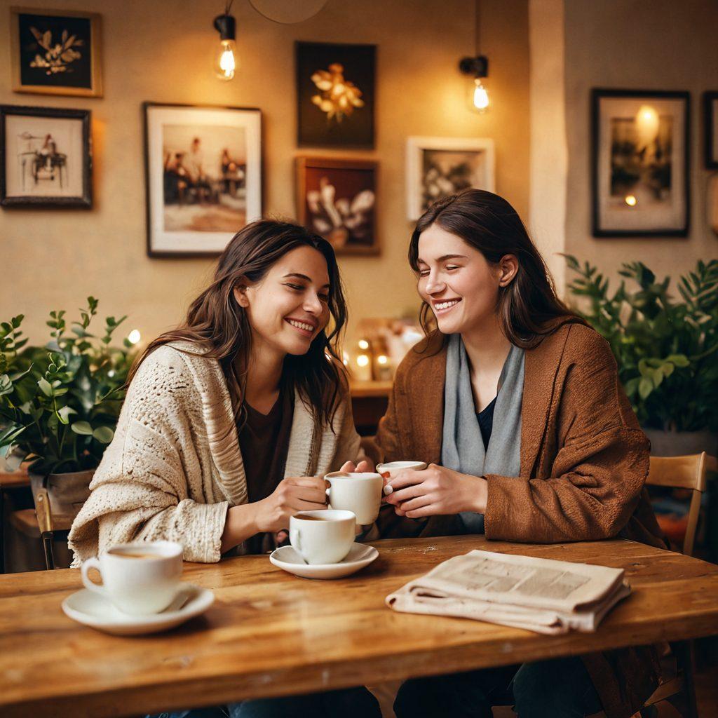 A warm, inviting scene depicting two friends sitting together in a cozy café, surrounded by soft lighting and comfortable decor. They are engaged in a heartfelt conversation, sharing laughter while holding steaming cups of coffee, with cozy blankets draped around them. In the background, the café is adorned with plants and photographs of friendships. The atmosphere radiates passion and empathy, illustrating the growth from companionship to commitment. super-realistic. warm tones. soft focus.