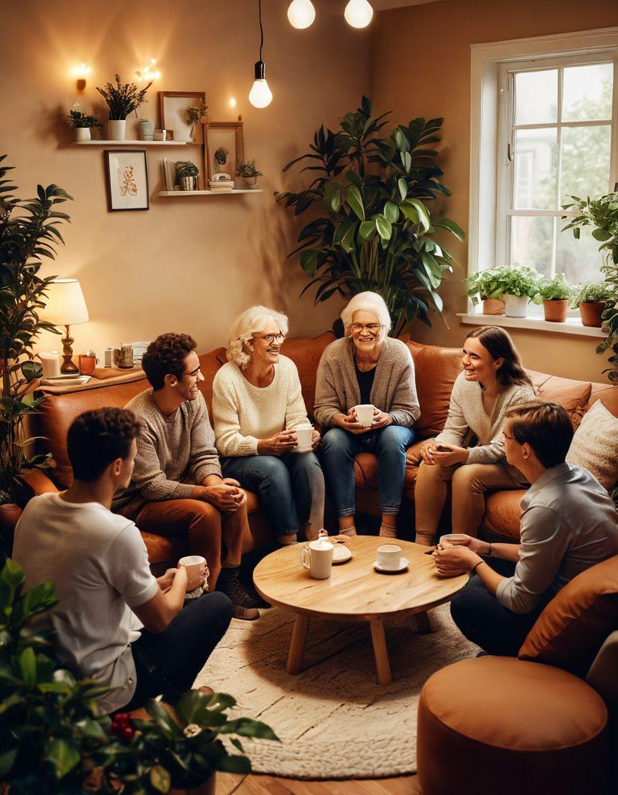 A diverse group of people of various ages and backgrounds, sitting in a cozy circle, sharing stories and laughter, with a warm and inviting home setting in the background, symbols of support like coffee cups and cushions around them, surrounded by soft lighting and plants to enhance the feeling of togetherness. super-realistic. warm colors. cozy atmosphere.